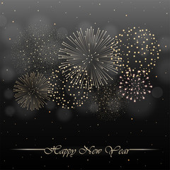 Firework show on grey night sky background with glow and sparkles. New year concept. Invitation, card, party background. Vector illustration