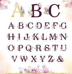 Gold glitter letter alphabet. Isolated Golden alphabetic fonts and numbers on white background. Floral wedding font text illustration