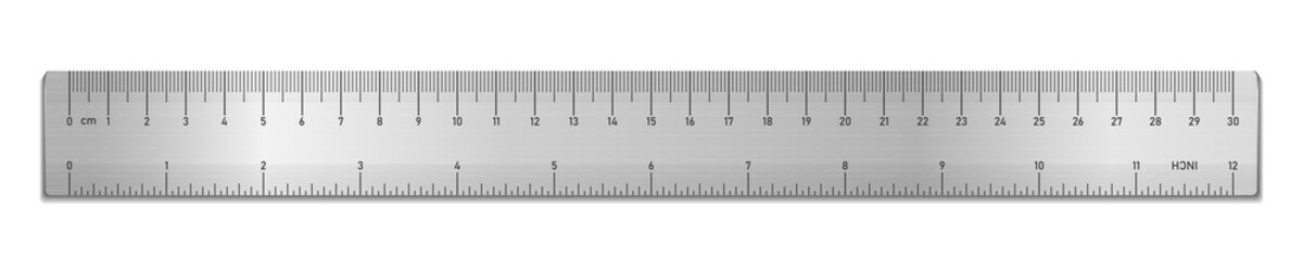 Realistic metal tape ruler isolated on white. Double sided measurement in cm and inches. Vector illustration