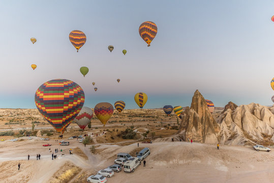Colorful hot air balloons starting the flights in Cappadocia, Turkey
