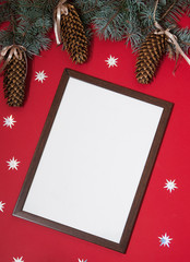 Wooden frame on red background.
