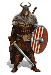 Viking with sword and shield on white