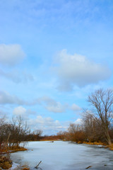 A vertical scene of frozen pond in northern Illinois with a bright clouded sky.
