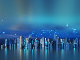 Panorama night futuristic city. The neon lighting.