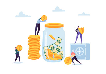 Money Savings Concept. Business People Characters Investing Money on Bank Account. Moneybox, Safe Deposit, Banking. Vector illustration