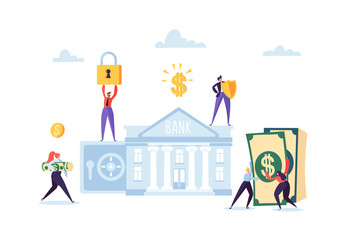Fototapeta na wymiar Money Savings Concept. Business People Characters Investing Money on Bank Account. Safe Deposit, Banking, Earnings, Investments. Vector illustration