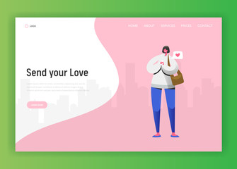 Social Network Landing Page Template. Woman Character Chatting Using Smartphone for Website or Web Page. Virtual Communication Concept. Vector illustration
