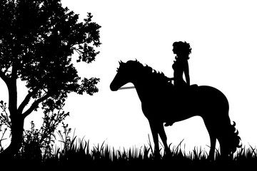 Vector silhouette of woman with horse on the meadow.