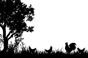Naklejka na ściany i meble Vector silhouette of rooster and hen on the farm.
