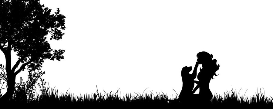 Vector silhouette of woman with dog on the meadow.