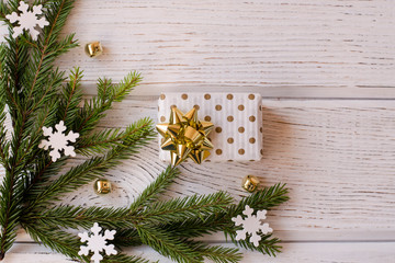 Gifts for the New year and Christmas on the wooden background