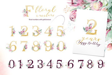 Gold glitter letter alphabet. Isolated Golden alphabetic fonts and numbers on white background. Floral wedding font text illustration