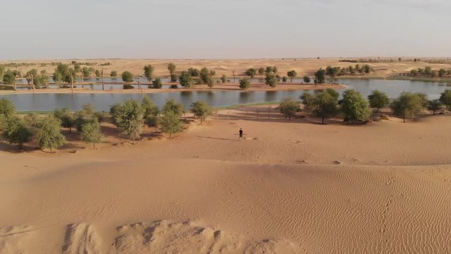 Person walking towards a lake in a desert 