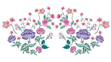 Embroidery neckline floral pattern with meadow flowers. Vector embroidered ethnic patch for print and fabric design.