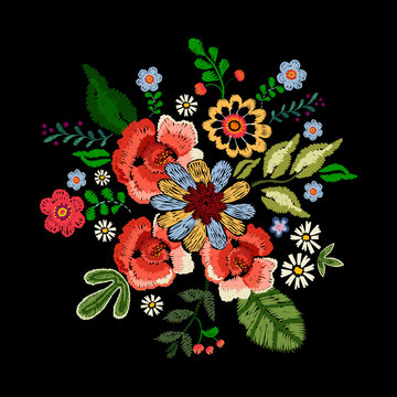 Embroidery neckline floral pattern with ethnic flowers. Vector embroidered patch for print and fabric design.