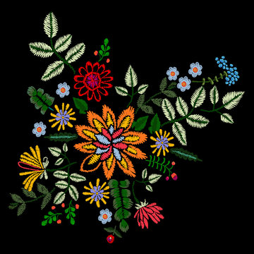 Embroidery neckline floral pattern with bright flowers. Vector embroidered patch for print and fabric design.