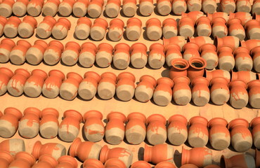 Stacks of clay flowerpots in Kathmandu, Nepal