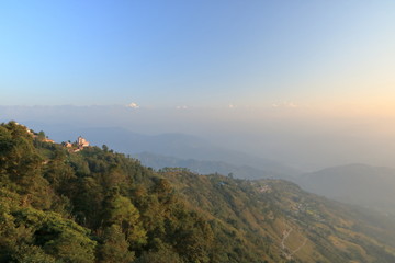 Fototapeta na wymiar Beautiful first light from sunrise on Himalaya mountain range, Nepal
