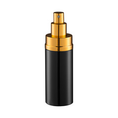 perfume bottle black with gold, with spray, without a cap, on a white background, isolate