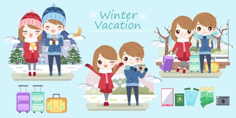 Fototapeta premium cartoon couple travel in winter