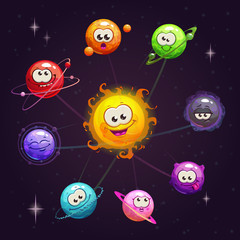 Funny cartoon fantasy solar system with colorful planet and sun characters on the space background.