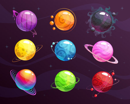 Cartoon colorful fantasy planets set on space background.