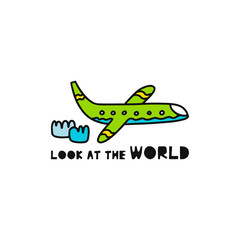 Travel card concept with plane and text 'look at the world' Doodle style