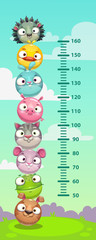 Kids height chart. Wall metter with funny cartoon round animals.