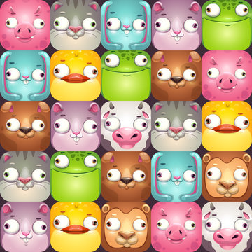 Funny seamless pattern with comic cartoon animal faces.