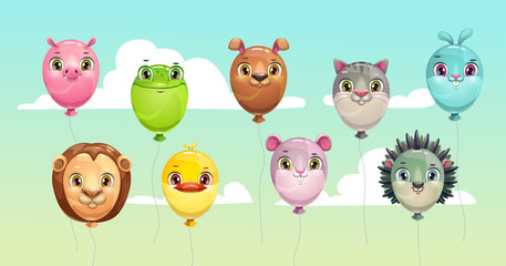 Funny colorful flying balloons with cute animal faces.