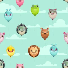 Wallpaper murals Animals with balloon Seamless pattern with funny animal balloons on the sky background.