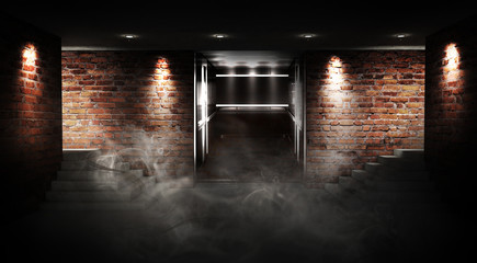 Background of an empty room with brick walls and concrete floor. Empty room, stairs up, elevator, smoke, smog, neon lights, lanterns