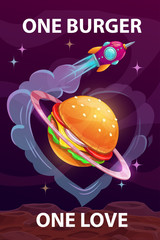 Fototapeta premium One burger, one love. Funny cartoon motivation food poster with giant burger planet.