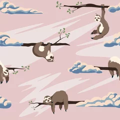 Wallpaper murals Sloths Cute sloths vector seamless pattern . Texture with cartoon animals and clouds on a pink background