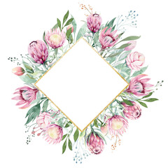 Hand drawing isolated watercolor floral frame with protea rose, leaves, branches and flowers. Bohemian gold crystal frame. Elements for greeting wedding card.