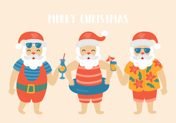 Christmas holiday cute elements set with Santa Claus on sea beach