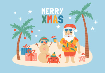 Christmas holiday cute elements set with Santa Claus on sea beach.