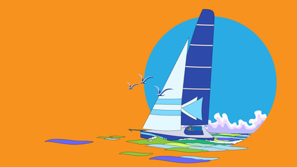 The icon of race yacht on orange background, and seascape in circle frame wich seagulls