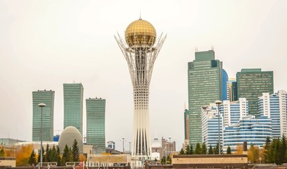 ASTANA, KAZAKHSTAN. October 12, 2018. The view of the Kazakh capital of Astana downtown with the iconic Baiterek Tower in the center. It is a monument, observation tower,  famous tourist attraction.