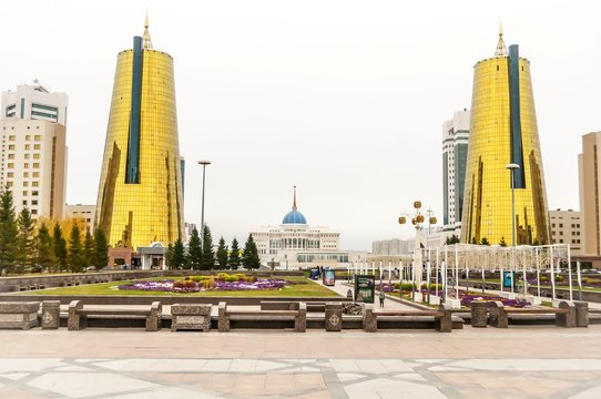 ASTANA, KAZAKHSTAN. October 11, 2018. Altyn Orda business center in Astana with Ak orda presidential residence in the background. 