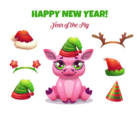 2019 Year of the pig. Cute cartoon piglet character with different Christmas hats.