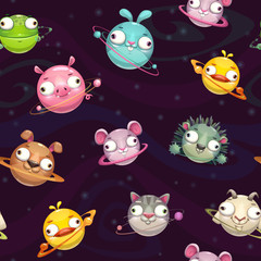 Seamless pattern with funny cartoon round animal planets on the space background.