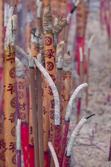 Close up of incense burning at Buddhist temple in China