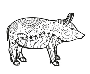 Pig on white. Hand drawn animal with intricate patterns on isolated background. Design for spiritual relaxation for adults. Image for banners, flyers and textiles. Zen art. Zentangle
