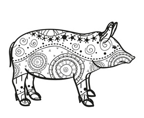 Pig on white. Hand drawn animal with intricate patterns on isolated background. Design for spiritual relaxation for adults. Image for banners, flyers and textiles. Zen art. Zentangle