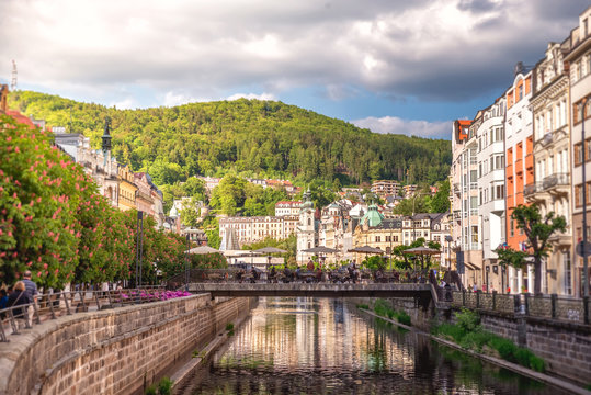 The embankment of Tepla river in the center of Karlovy Vary, Czech republic