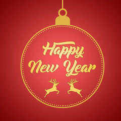 Happy New Year greeting card design template layout on red gradient background with deer, text with hand drawing in the ball