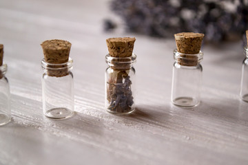 Glass bottles on a table.