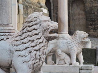 Bergamo, Italy. The Basilica of Santa Maria Maggiore. The lions at the entrance to the church