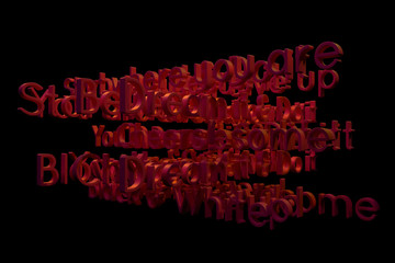 Background abstract CGI typography with dark background, motivation related keywords cloud for design, graphic resource. 3D rendering.